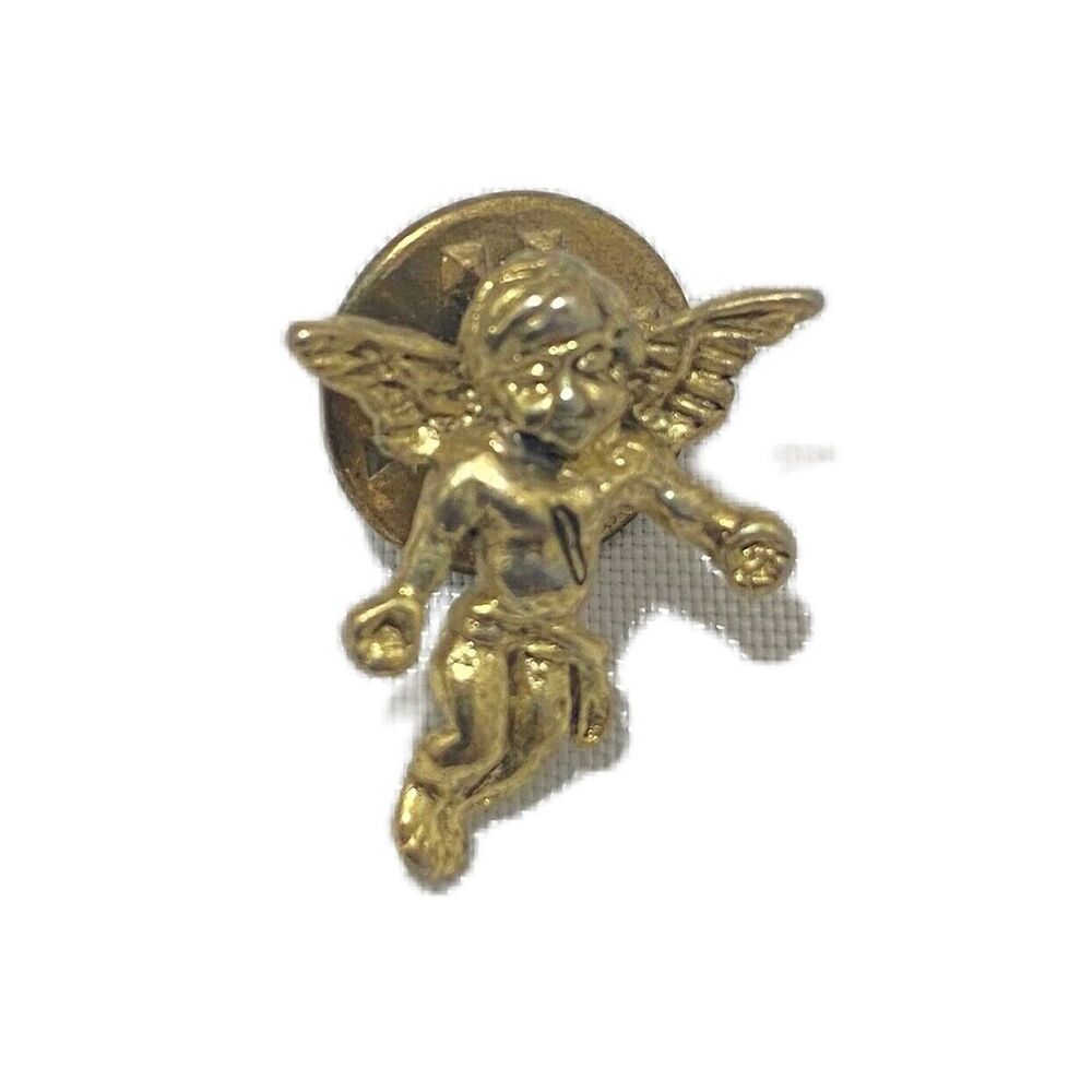 Vintage Guardian Angel Christmas Cherub Spiritual Religious Gold Tone Lapel Pin